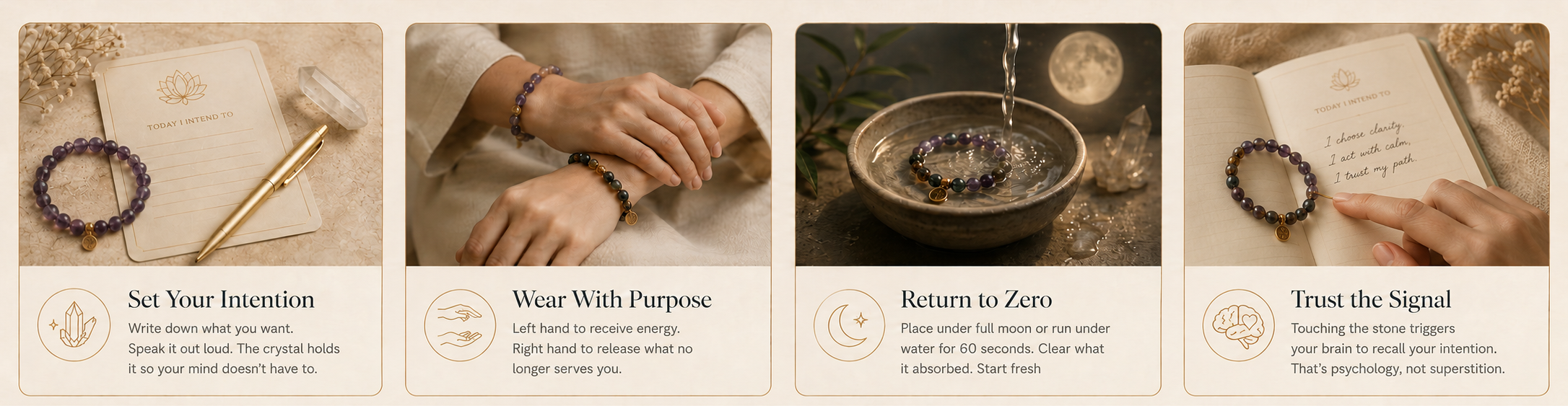 Learn how to set intentions, wear with purpose, and reset your crystal energy. Shop hand-selected bracelets at Luna Intention.